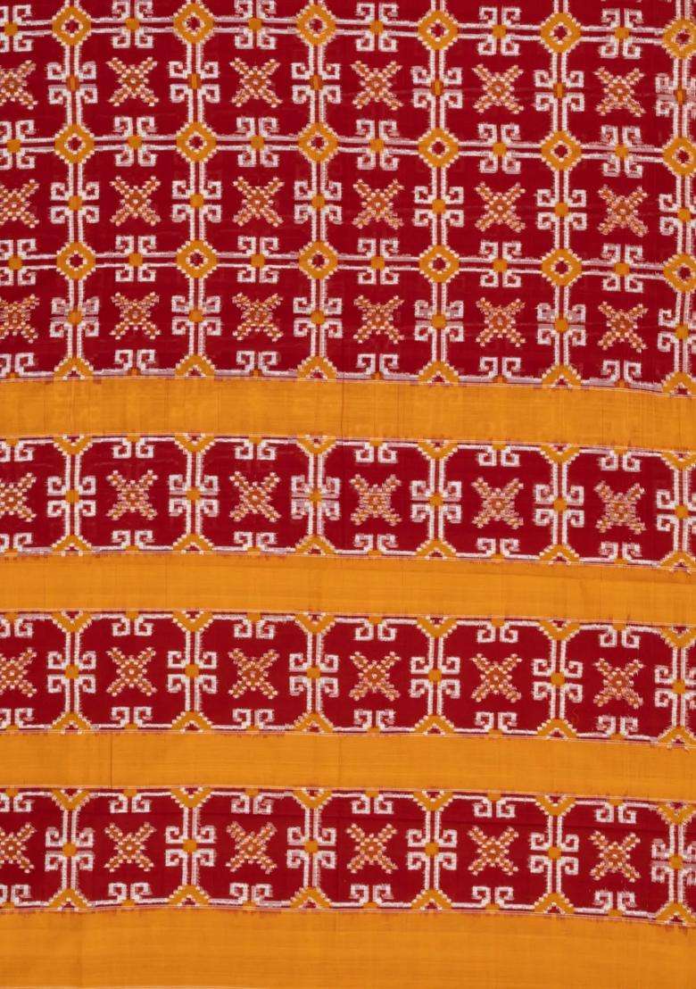 Red Handwoven Orissa Cotton Saree With Tie Dye Motifs With Printed Design For Women - Indya