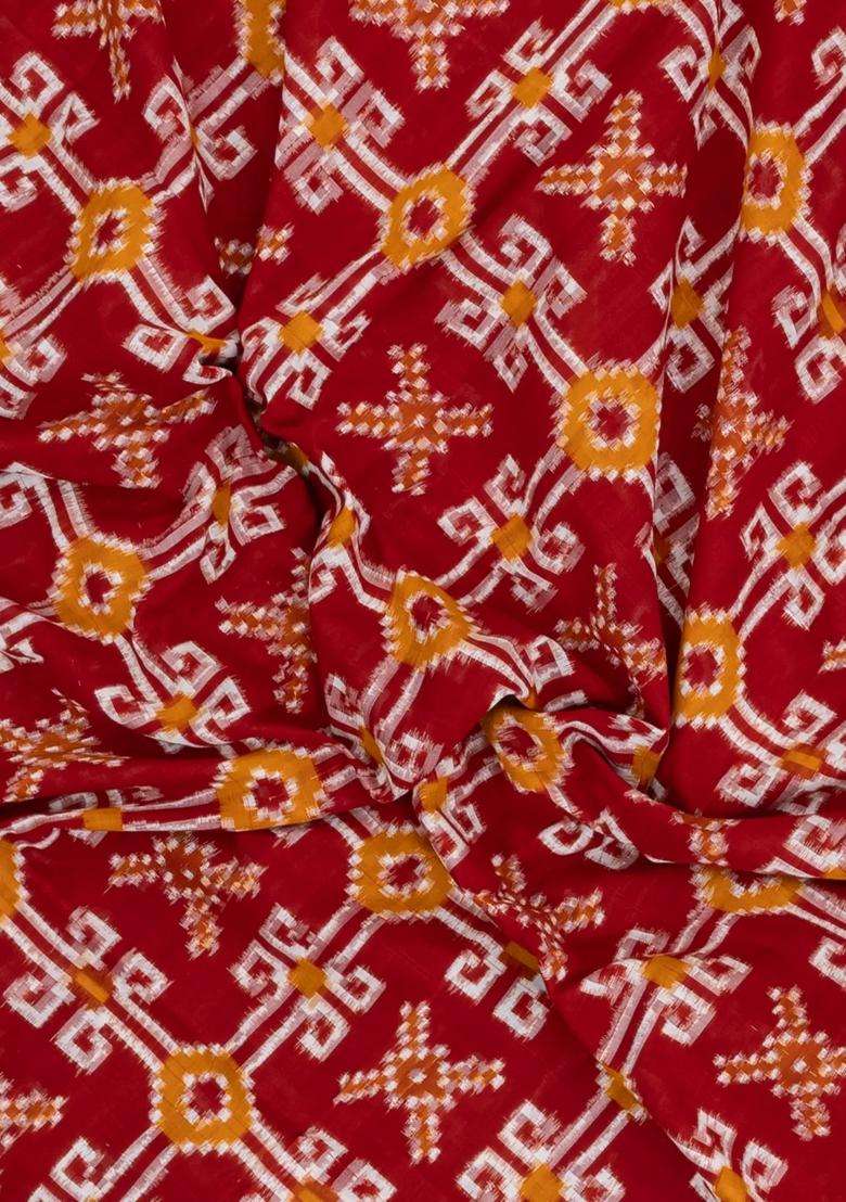 Red Handwoven Orissa Cotton Saree With Tie Dye Motifs With Printed Design For Women - Indya