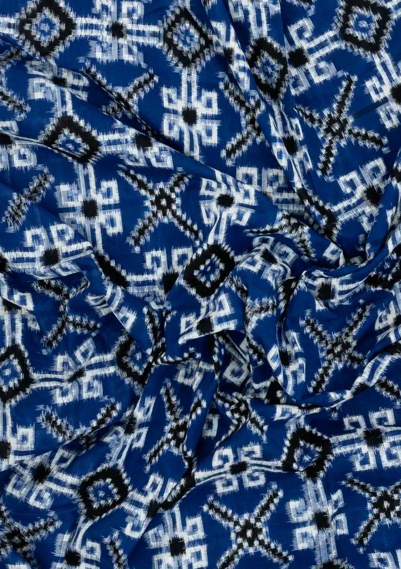 Blue Handwoven Orissa Cotton Saree With Tie Dye Motifs With Printed Design For Women - Indya