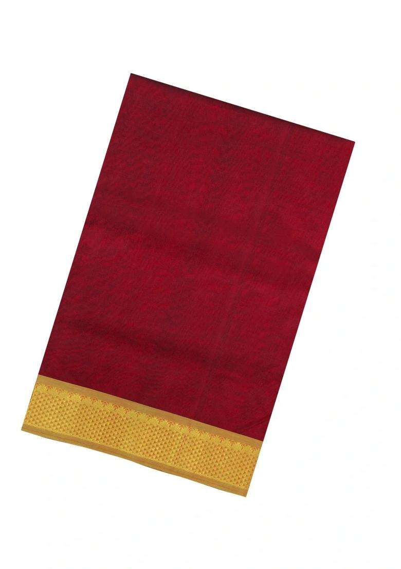 Maroon Handloom 9 Yards Silk Cotton Saree With Contrast Border With Traditional Woven Design For Women - Indya
