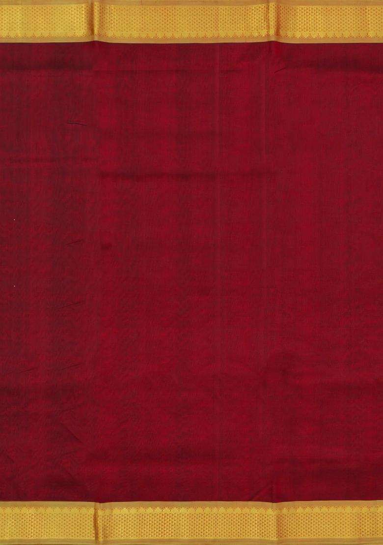 Maroon Handloom 9 Yards Silk Cotton Saree With Contrast Border With Traditional Woven Design For Women - Indya