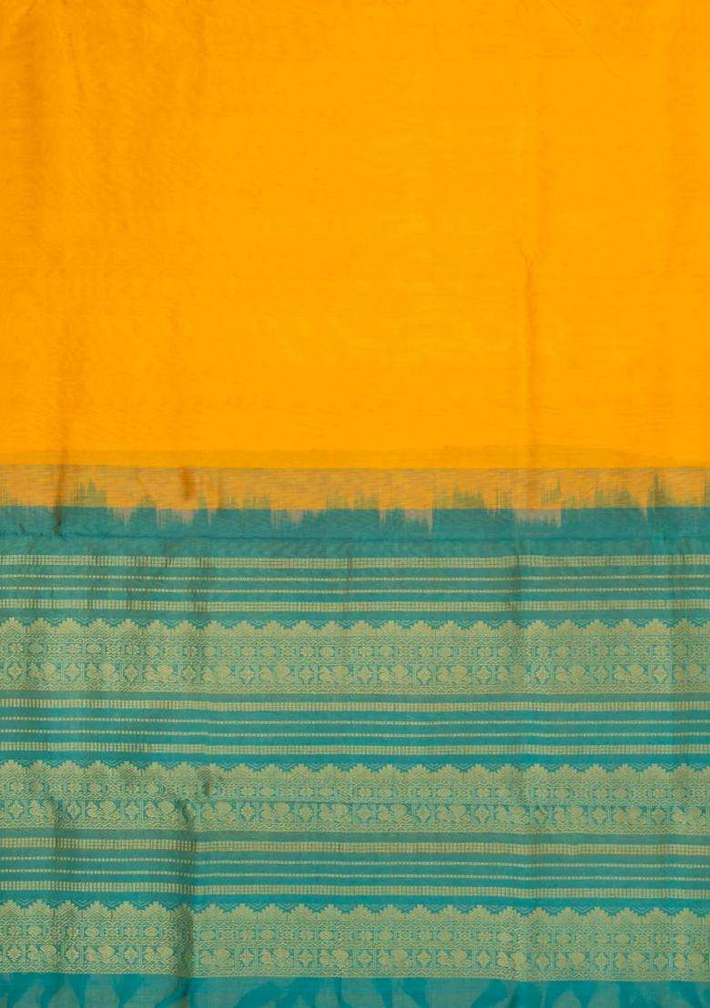 Yellow Handloom 9 Yards Silk Cotton Saree With Contrast Border With Traditional Woven Design For Women - Indya