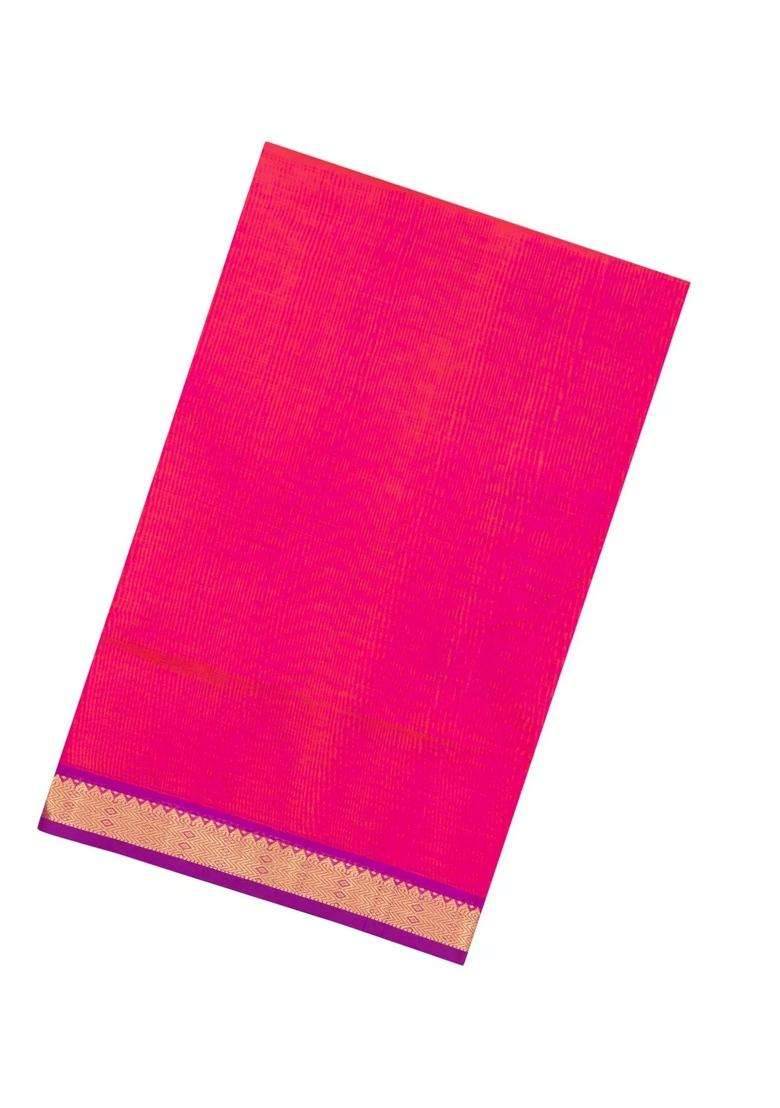 Hot Pink Handloom 9 Yards Silk Cotton Saree With Contrast Border With Traditional Woven Design For Women - Indya