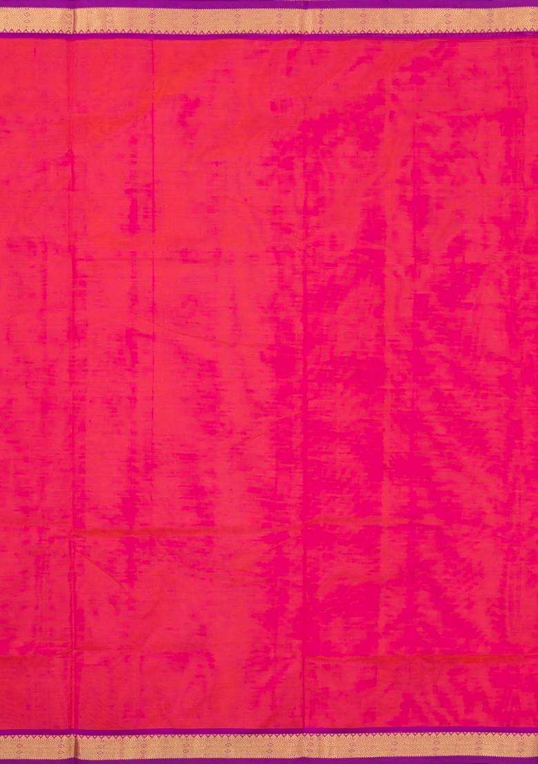 Hot Pink Handloom 9 Yards Silk Cotton Saree With Contrast Border With Traditional Woven Design For Women - Indya