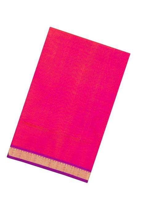 Hot Pink Handloom 9 Yards Silk Cotton Saree With Contrast Border With Traditional Woven Design For Women