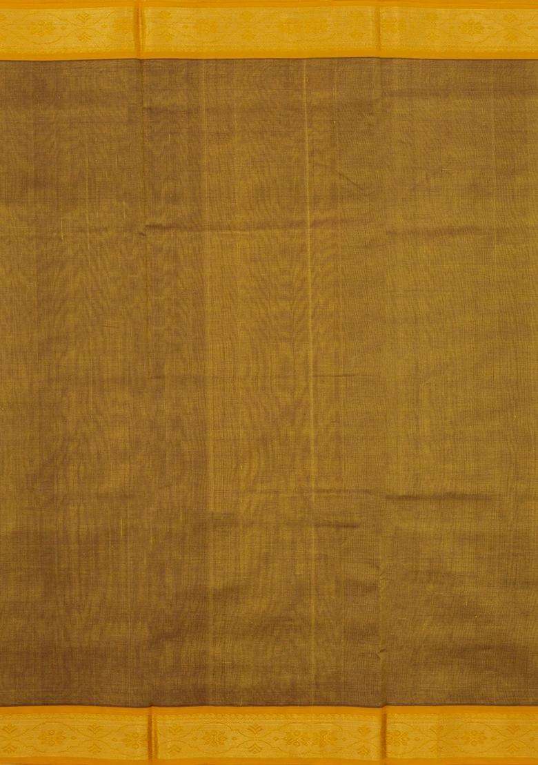 Mustard Handloom 9 Yards Silk Cotton Saree With Contrast Border With Traditional Woven Design For Women - Indya