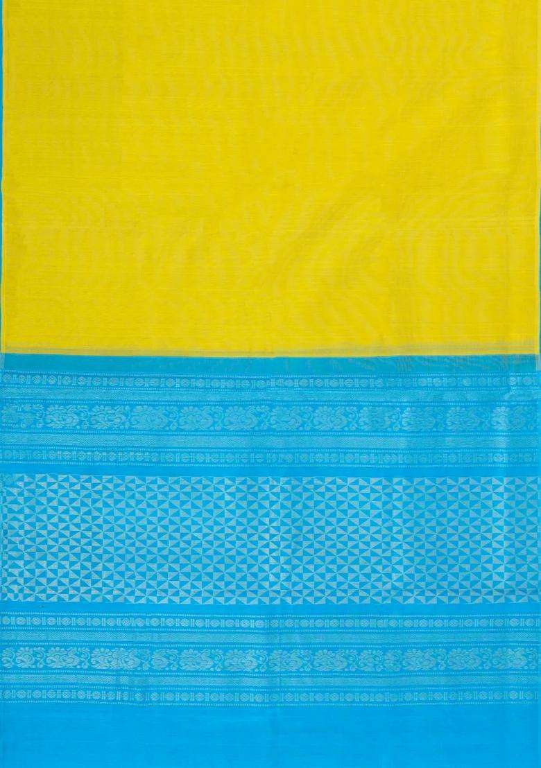 Lime Green Handloom Korvai Silk Cotton Saree With Contrast Border With Korvai And Temple Border Design For Women - Indya