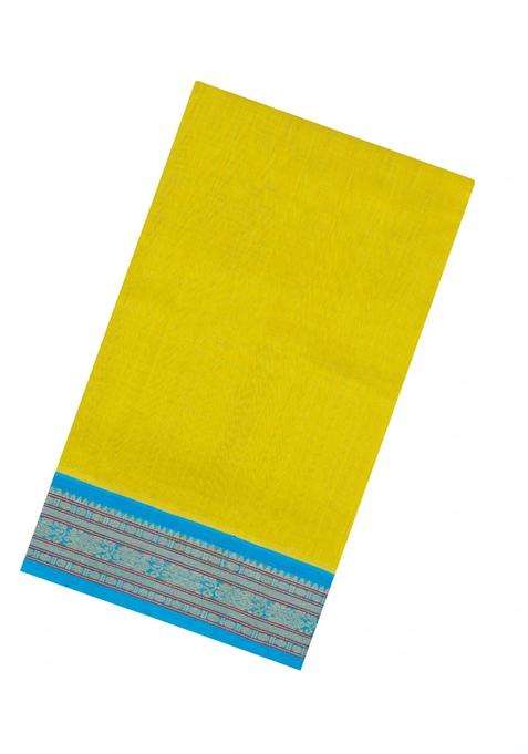 Lime Green Handloom Korvai Silk Cotton Saree With Contrast Border With Korvai And Temple Border Design For Women