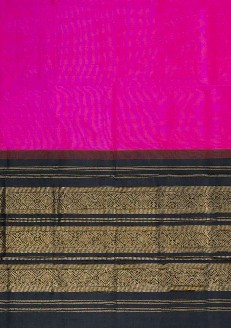 Hot Pink Handloom Korvai Silk Cotton Saree With Contrast Border With Korvai And Temple Border Design For Women - Indya