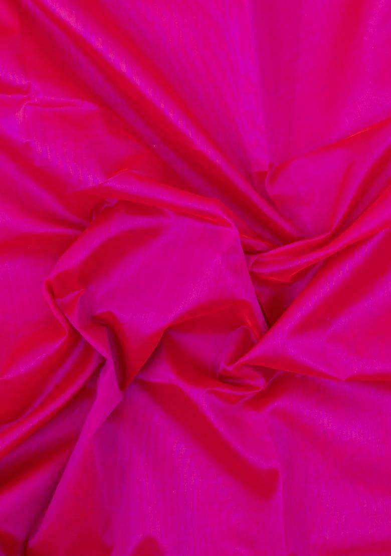 Hot Pink Handloom Korvai Silk Cotton Saree With Contrast Border With Korvai And Temple Border Design For Women - Indya