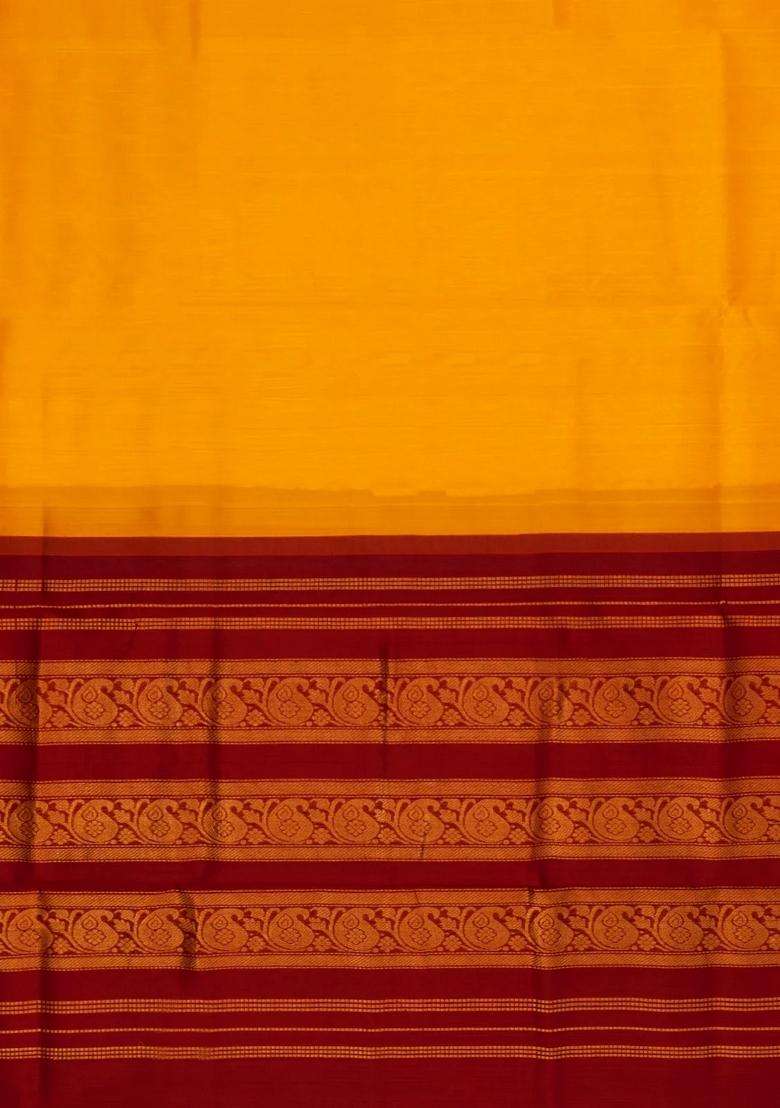 Mango Yellow Handloom Korvai Silk Cotton Saree With Contrast Border With Korvai And Temple Border Design For Women - Indya