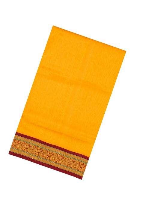 Mango Yellow Handloom Korvai Silk Cotton Saree With Contrast Border With Korvai And Temple Border Design For Women