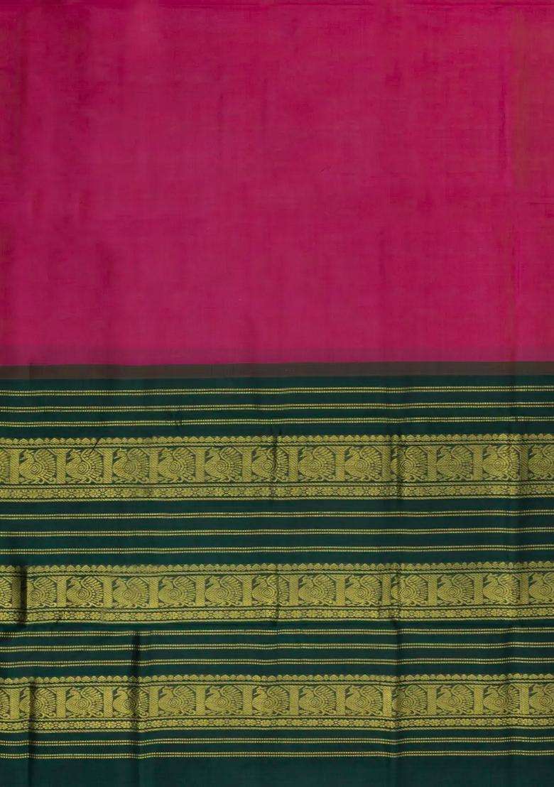 Pink Handloom Korvai Silk Cotton Saree With Contrast Border With Korvai And Temple Border Design For Women - Indya