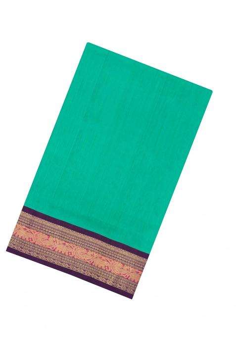 Aquamarine Handloom Korvai Silk Cotton Saree With Contrast Border With Korvai And Temple Border Design For Women