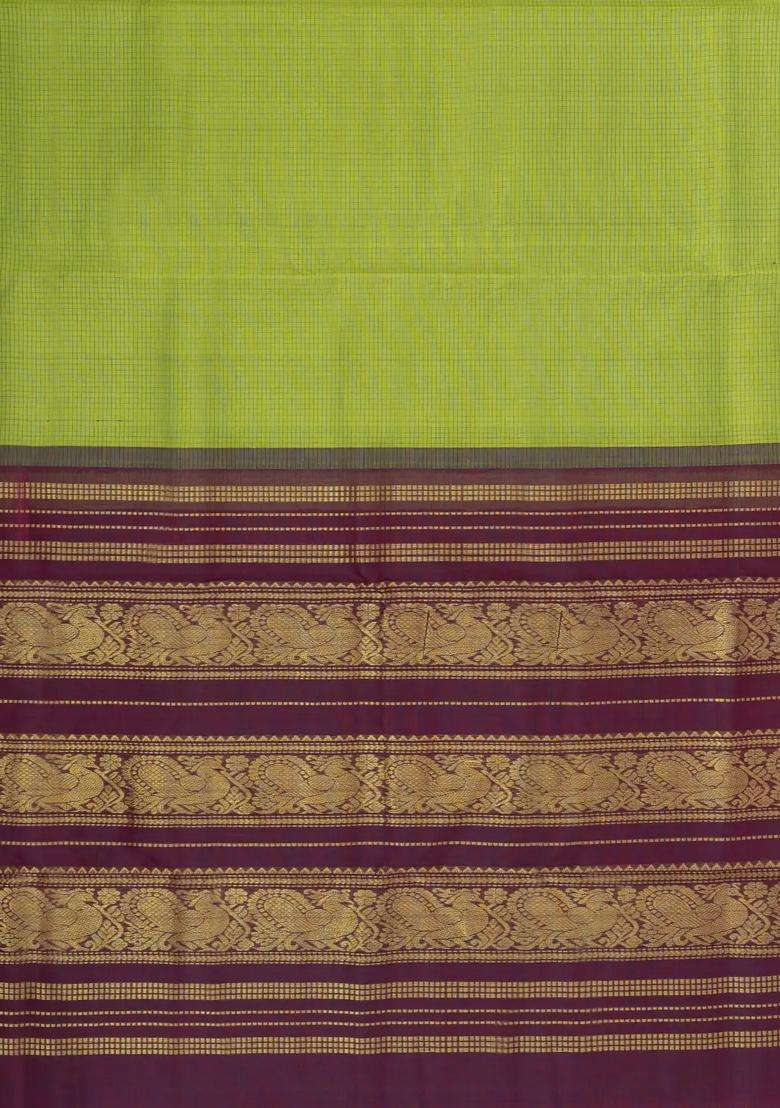 Light Green Handloom Korvai Silk Cotton Saree With Checks Contrast Border With Korvai And Temple Border Design For Women - Indya