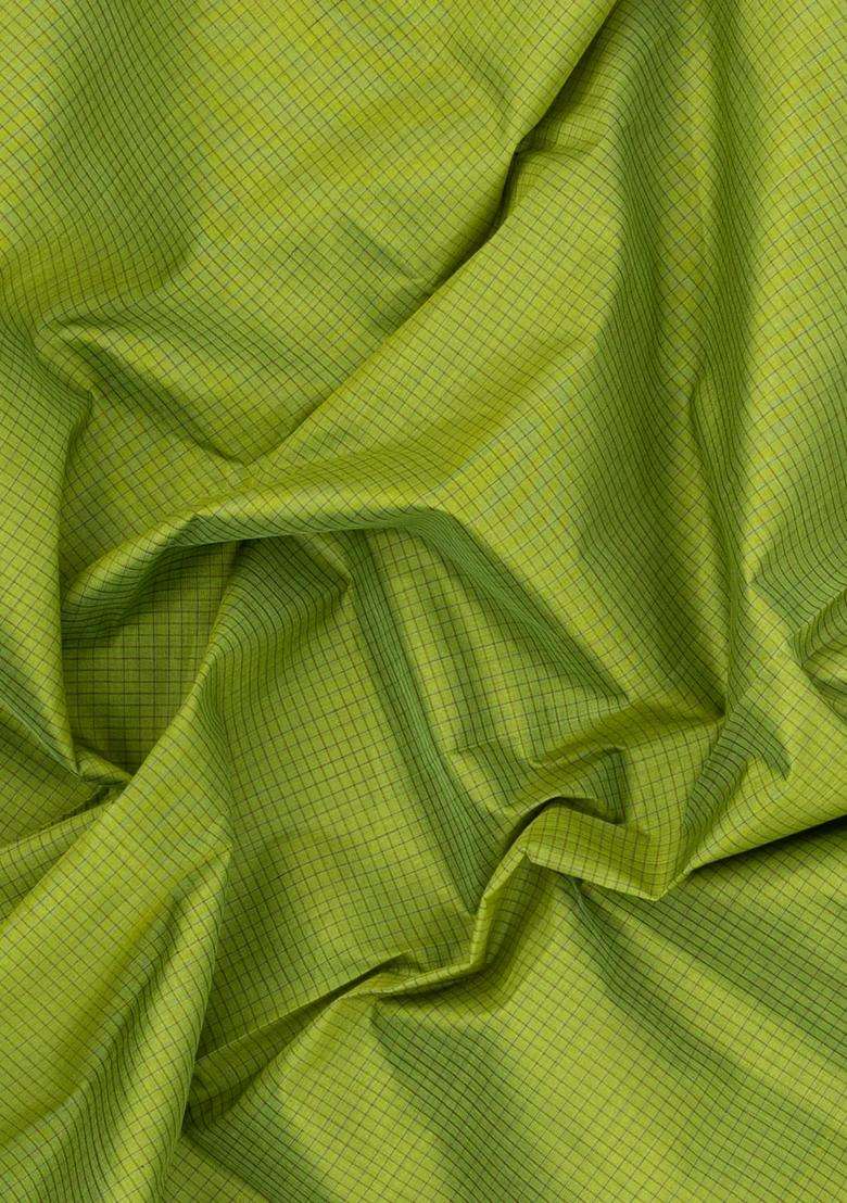 Light Green Handloom Korvai Silk Cotton Saree With Checks Contrast Border With Korvai And Temple Border Design For Women - Indya