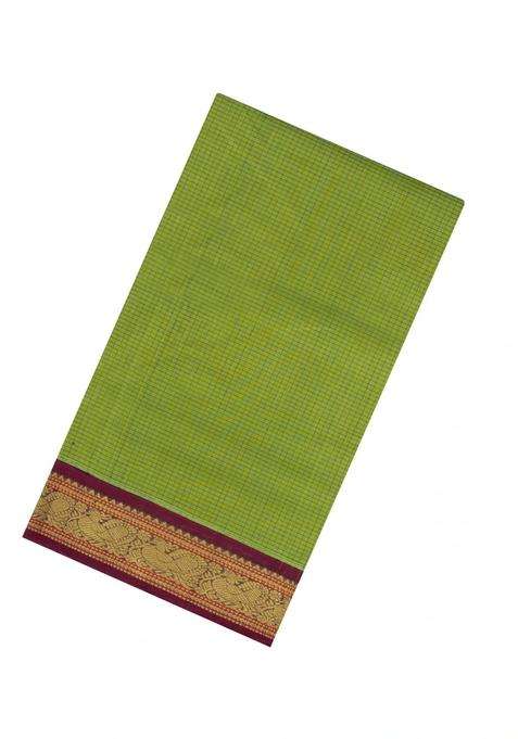 Light Green Handloom Korvai Silk Cotton Saree With Checks Contrast Border With Korvai And Temple Border Design For Women