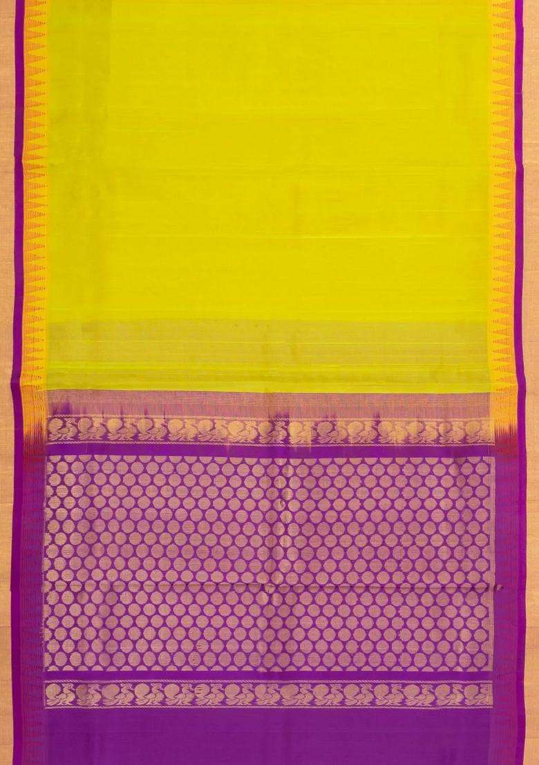 Neon Green Handloom Korvai Silk Cotton Saree With Contrast Border With Korvai And Temple Border Design For Women - Indya