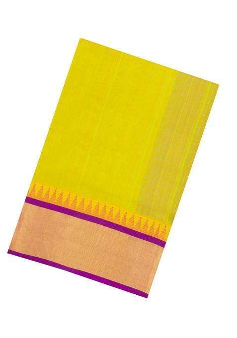 Neon Green Handloom Korvai Silk Cotton Saree With Contrast Border With Korvai And Temple Border Design For Women