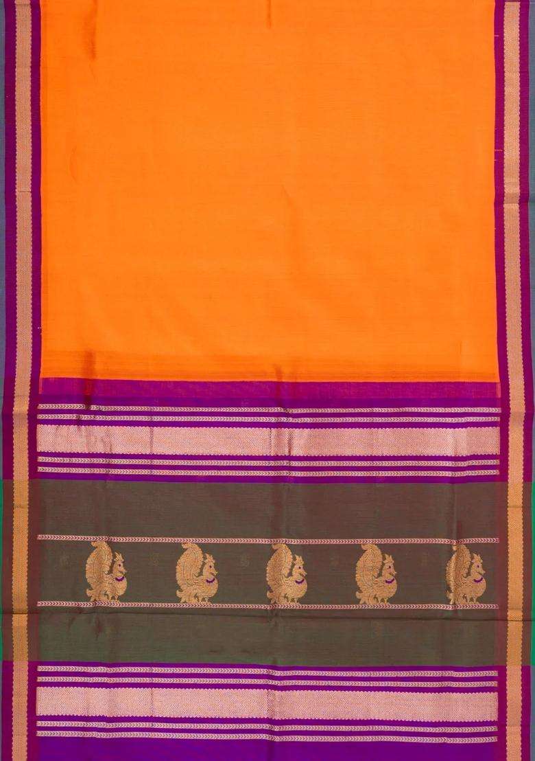 Orange Handloom Korvai Silk Cotton Saree With Contrast Border With Korvai And Temple Border Design For Women - Indya