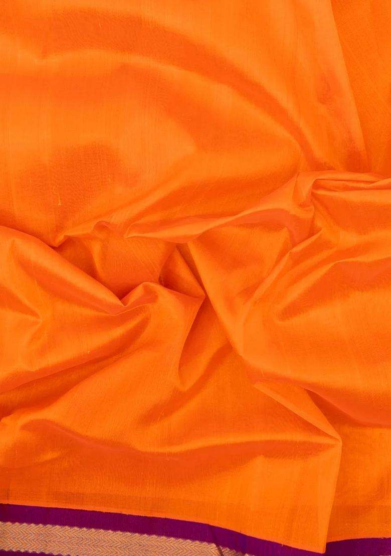 Orange Handloom Korvai Silk Cotton Saree With Contrast Border With Korvai And Temple Border Design For Women - Indya