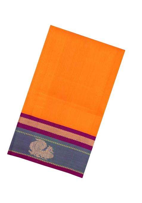 Orange Handloom Korvai Silk Cotton Saree With Contrast Border With Korvai And Temple Border Design For Women