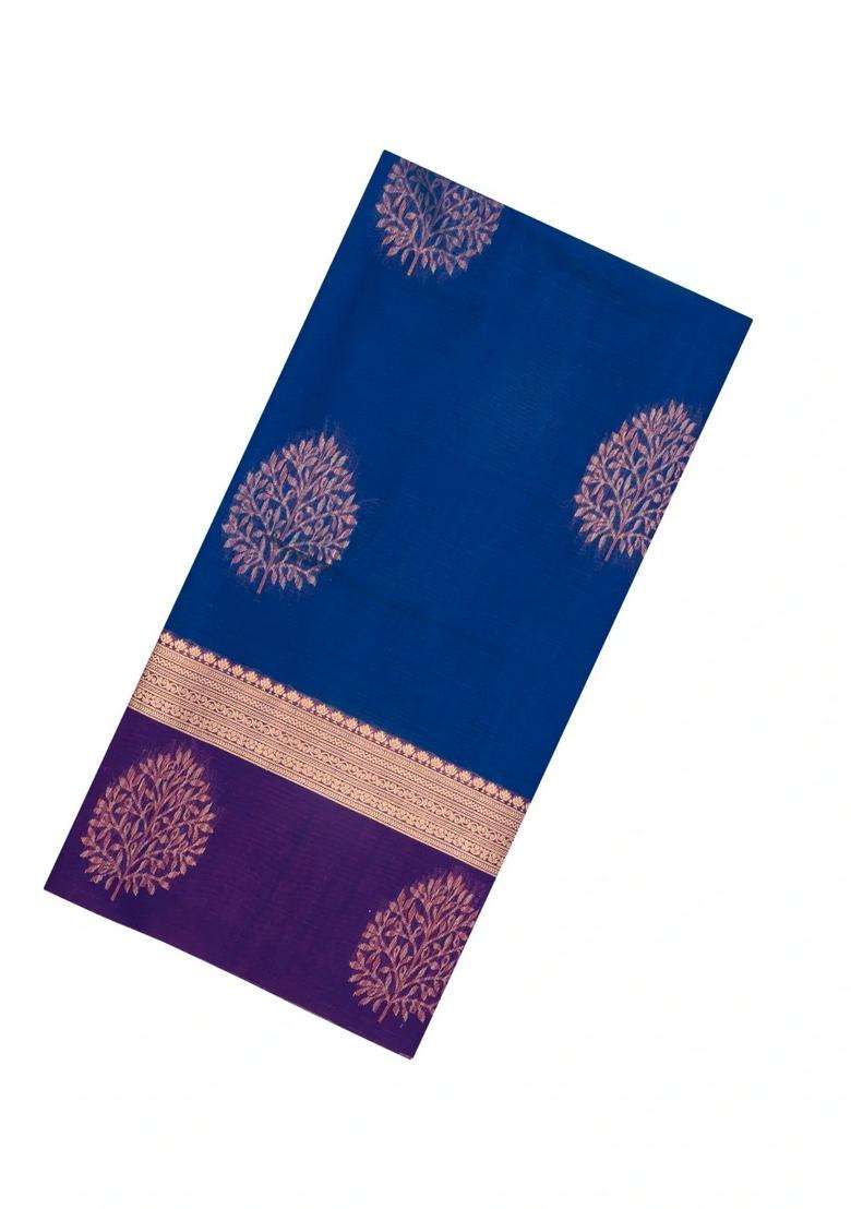 Blue Handloom Silk Cotton Saree With Buttas With Buttas And Brocade Design For Women - Indya