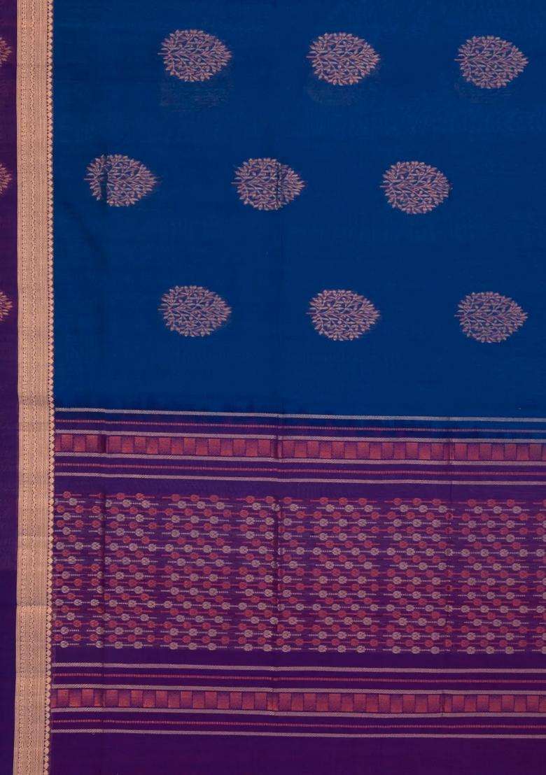 Blue Handloom Silk Cotton Saree With Buttas With Buttas And Brocade Design For Women - Indya