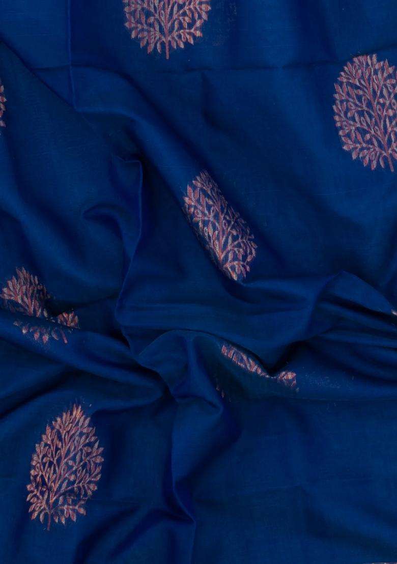 Blue Handloom Silk Cotton Saree With Buttas With Buttas And Brocade Design For Women - Indya