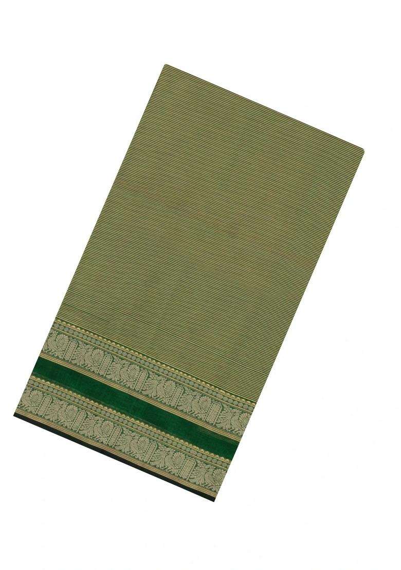 Green Handloom Silk Cotton Saree With Zari Stripes With Checks And Stripes Design For Women - Indya