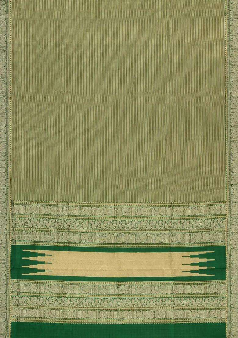 Green Handloom Silk Cotton Saree With Zari Stripes With Checks And Stripes Design For Women - Indya