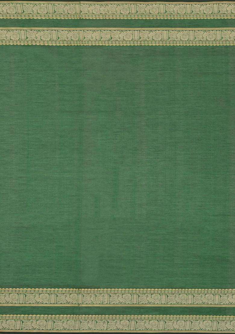 Green Handloom Silk Cotton Saree With Zari Stripes With Checks And Stripes Design For Women - Indya