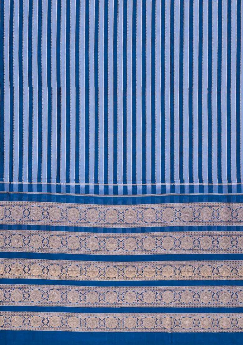 Steel Blue Blue Handloom Silk Cotton Saree With Zari Stripes With Checks And Stripes Design For Women - Indya