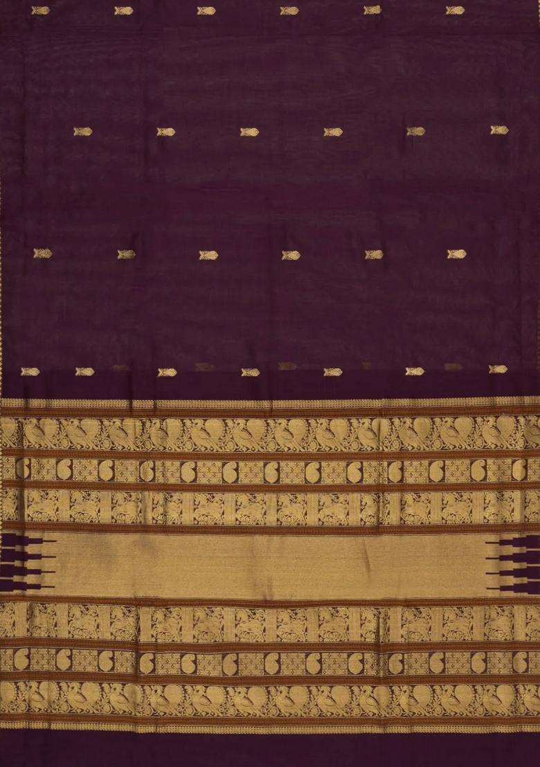 Burgundy Handloom Silk Cotton Saree With Fish Buttas With Buttas And Brocade Design For Women - Indya