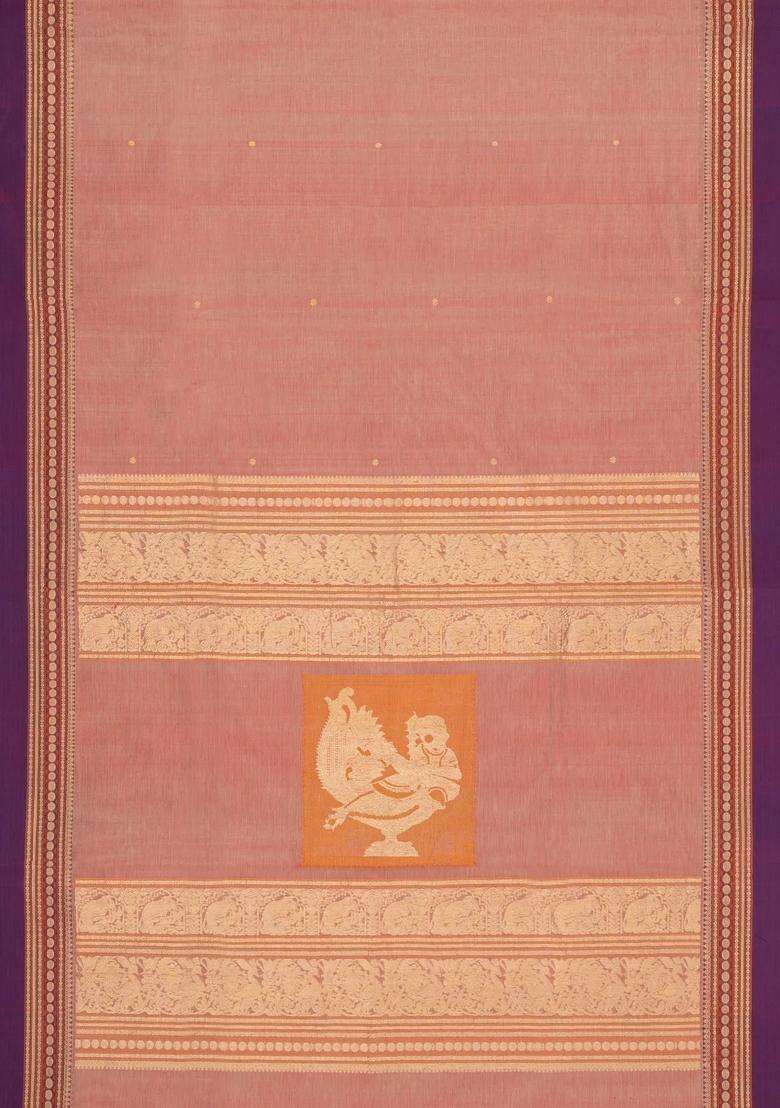 Peach Handloom Silk Cotton Saree With Zari Buttas With Buttas And Brocade Design For Women - Indya