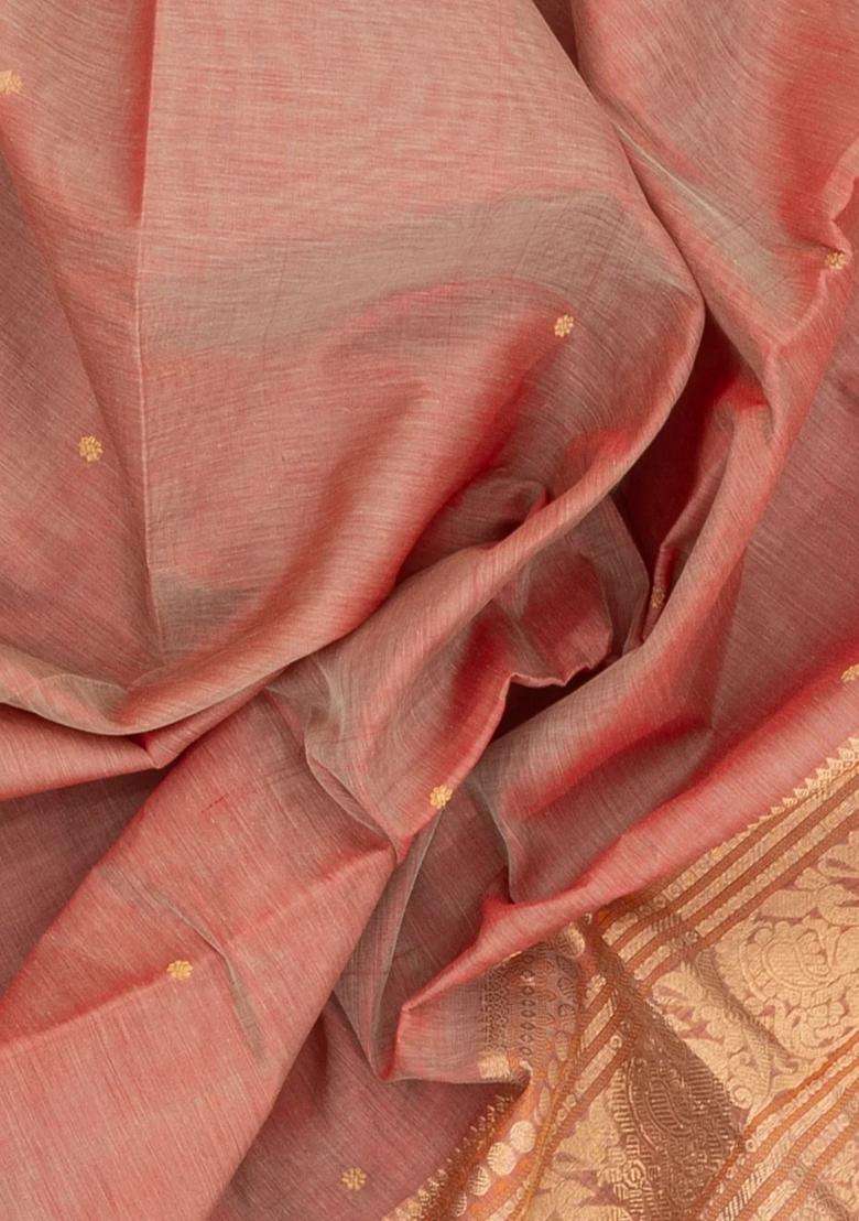 Peach Handloom Silk Cotton Saree With Zari Buttas With Buttas And Brocade Design For Women - Indya