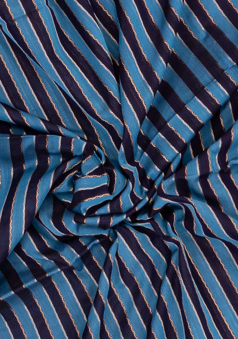 Navy Blue Cyan Handloom Soft Silk Cotton Saree With Stripes With Checks And Stripes Design For Women - Indya