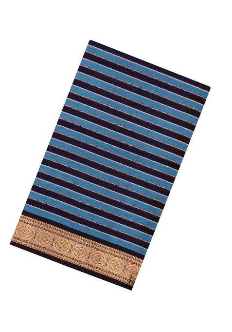 Navy Blue Cyan Handloom Soft Silk Cotton Saree With Stripes With Checks And Stripes Design For Women