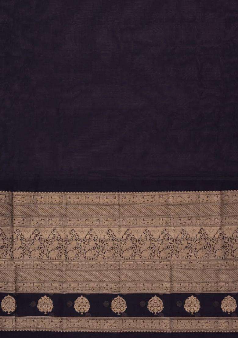 Black Handloom Silk Cotton Saree With Zari Border With Traditional Woven Design For Women - Indya