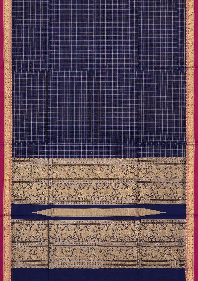 Navy Blue Handloom Silk Cotton Saree With Zari Checks Contrast Border With Checks And Stripes Design For Women - Indya
