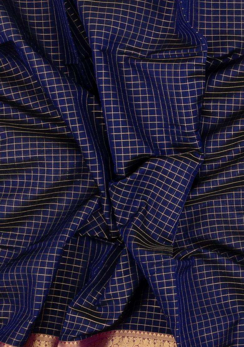 Navy Blue Handloom Silk Cotton Saree With Zari Checks Contrast Border With Checks And Stripes Design For Women - Indya