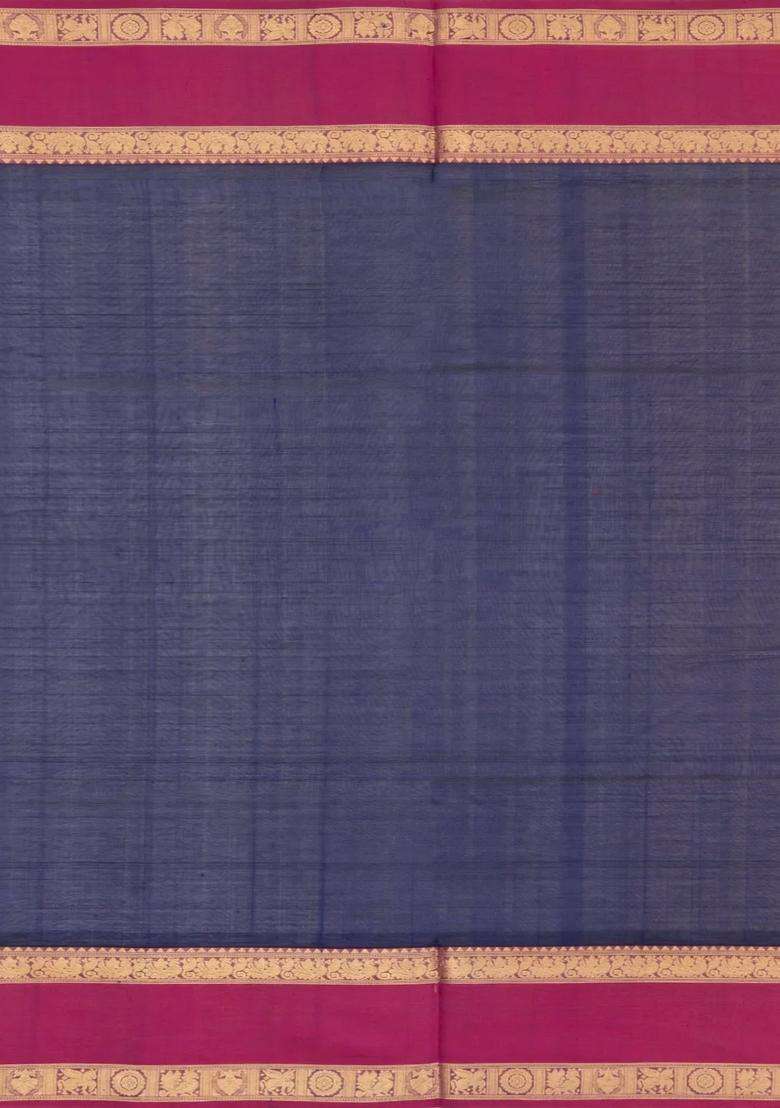 Navy Blue Handloom Silk Cotton Saree With Zari Checks Contrast Border With Checks And Stripes Design For Women - Indya