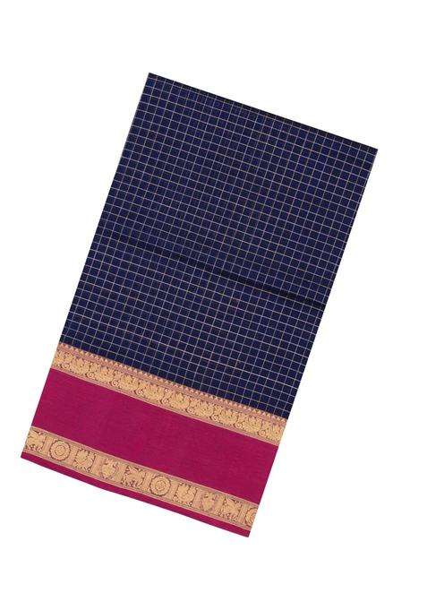 Navy Blue Handloom Silk Cotton Saree With Zari Checks Contrast Border With Checks And Stripes Design For Women