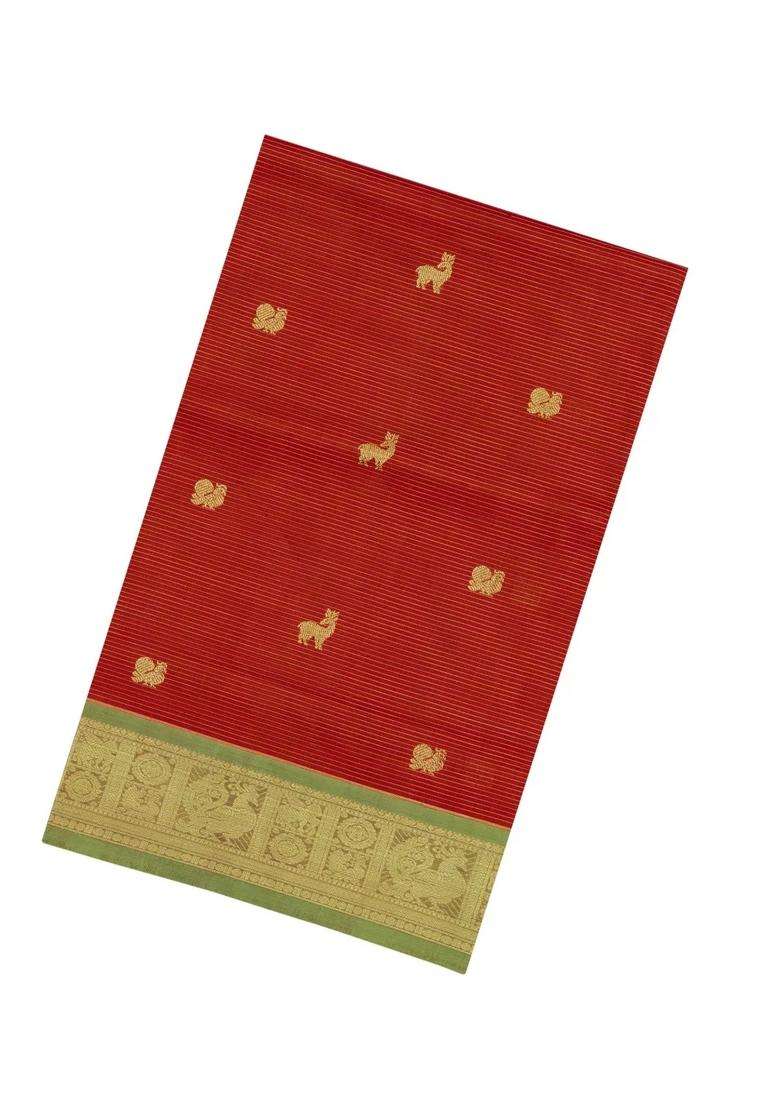 Red Handloom Soft Silk Cotton Saree With Vairaoosi Stripes Buttas With Buttas And Brocade Design For Women - Indya