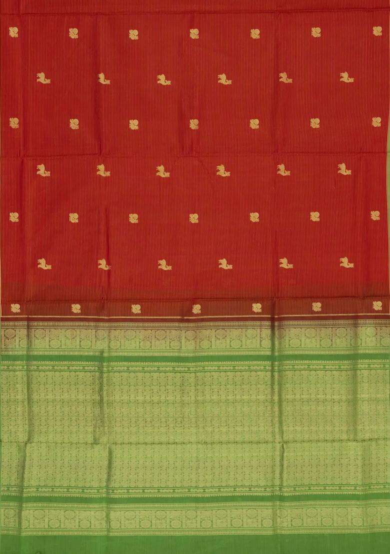Red Handloom Soft Silk Cotton Saree With Vairaoosi Stripes Buttas With Buttas And Brocade Design For Women - Indya
