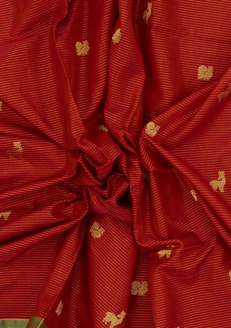 Red Handloom Soft Silk Cotton Saree With Vairaoosi Stripes Buttas With Buttas And Brocade Design For Women - Indya