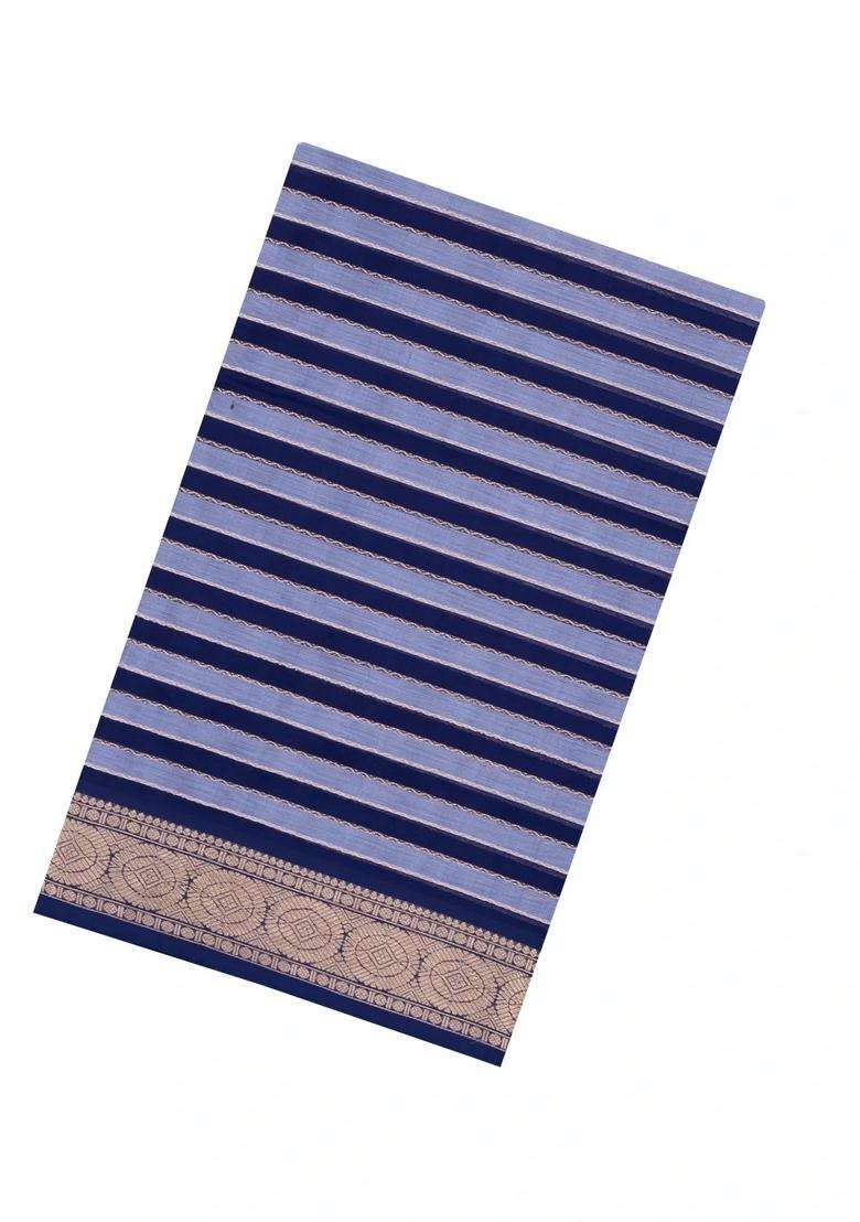 Navy Steel Blue Handloom Soft Silk Cotton Saree With Stripes With Checks And Stripes Design For Women - Indya