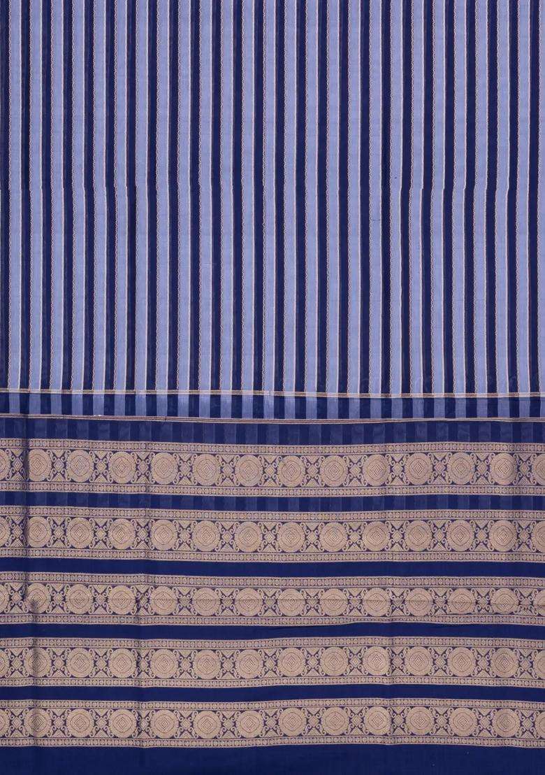Navy Steel Blue Handloom Soft Silk Cotton Saree With Stripes With Checks And Stripes Design For Women - Indya