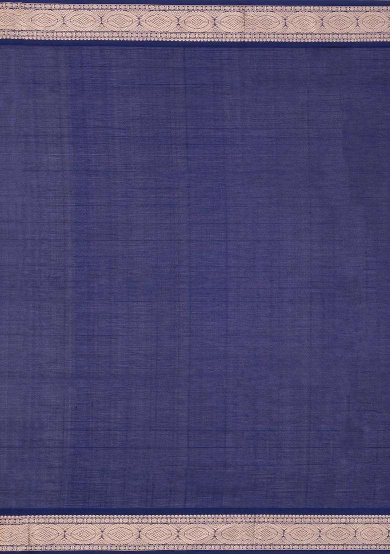Navy Steel Blue Handloom Soft Silk Cotton Saree With Stripes With Checks And Stripes Design For Women - Indya
