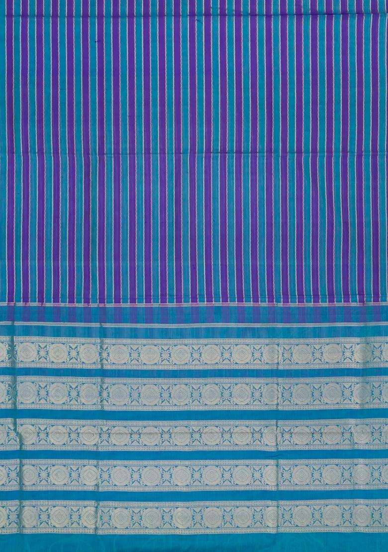Cyan Purple Handloom Soft Silk Cotton Saree With Stripes With Checks And Stripes Design For Women - Indya